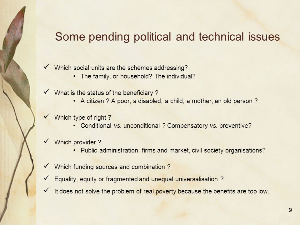 9 Some pending political and technical issues Which social units are the schemes addressing.