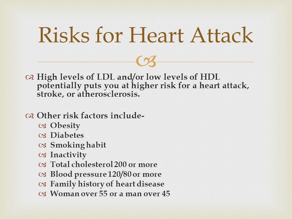   High levels of LDL and/or low levels of HDL potentially puts you at higher risk for a heart attack, stroke, or atherosclerosis.