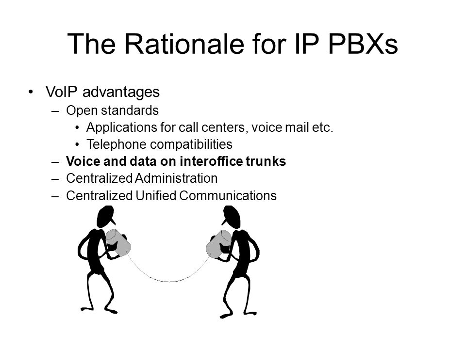 The Rationale for IP PBXs VoIP advantages –Open standards Applications for call centers, voice mail etc.