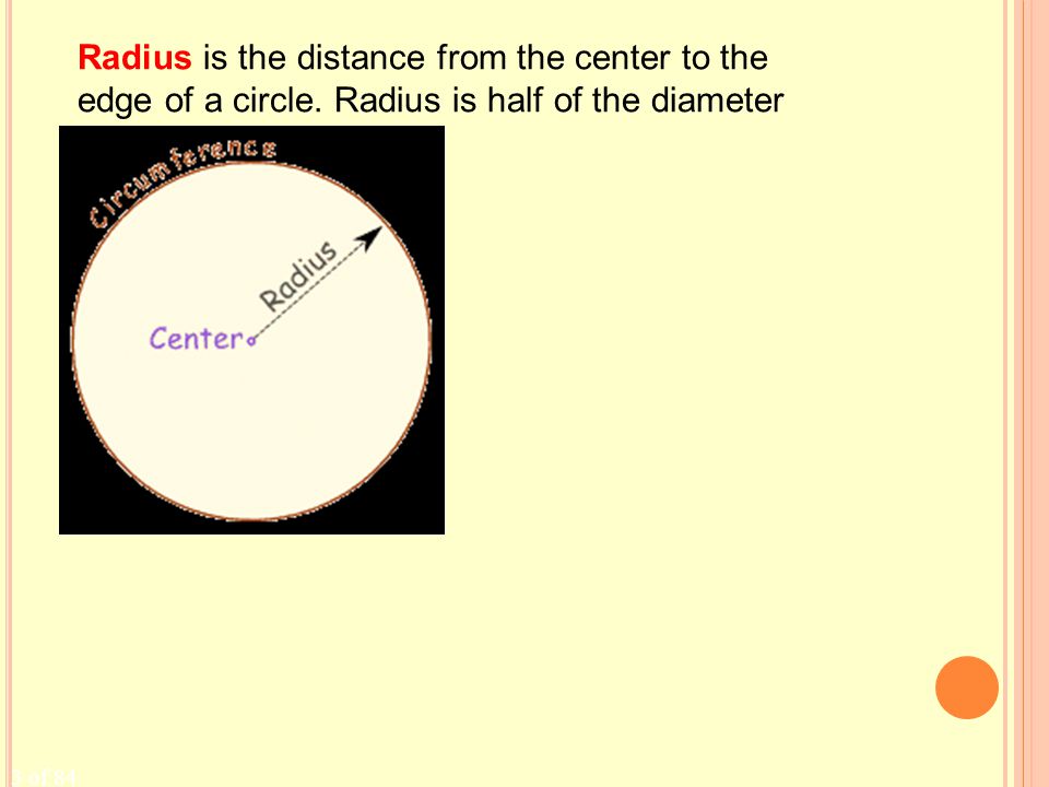 3 of 84 Radius is the distance from the center to the edge of a circle.