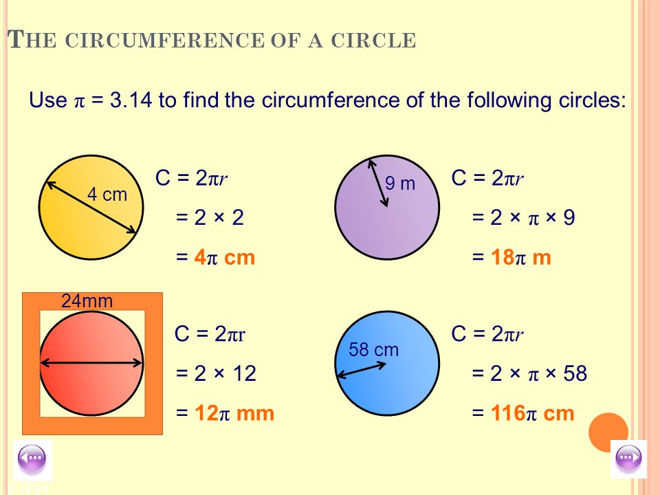 8 of 84 T HE CIRCUMFERENCE OF A CIRCLE Use π = 3.14 to find the circumference of the following circles: C = 2 πr 4 cm = 2 × 2 = 4 π cm C = 2 πr 9 m = 2 × π × 9 = 18 π m C = 2 πr = 2 × 12 = 12 π mm C = 2 πr 58 cm = 2 × π × 58 = 116 π cm 24mm