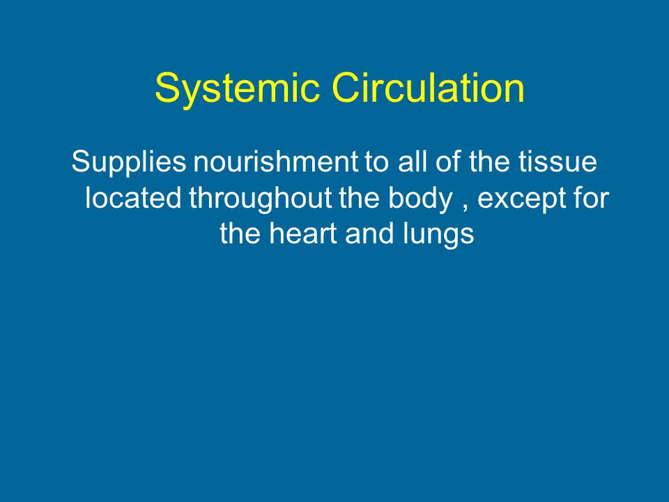 Systemic Circulation Supplies nourishment to all of the tissue located throughout the body, except for the heart and lungs