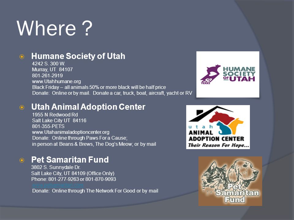 Where .  Humane Society of Utah 4242 S. 300 W.
