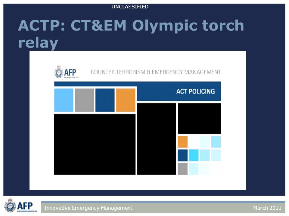 UNCLASSIFIED March 2011Innovative Emergency Management ACTP: CT&EM Olympic torch relay