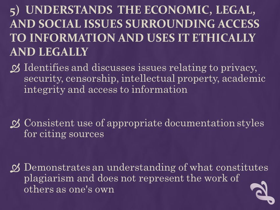 5) UNDERSTANDS THE ECONOMIC, LEGAL, AND SOCIAL ISSUES SURROUNDING ACCESS TO INFORMATION AND USES IT ETHICALLY AND LEGALLY  Identifies and discusses issues relating to privacy, security, censorship, intellectual property, academic integrity and access to information  Consistent use of appropriate documentation styles for citing sources  Demonstrates an understanding of what constitutes plagiarism and does not represent the work of others as one s own
