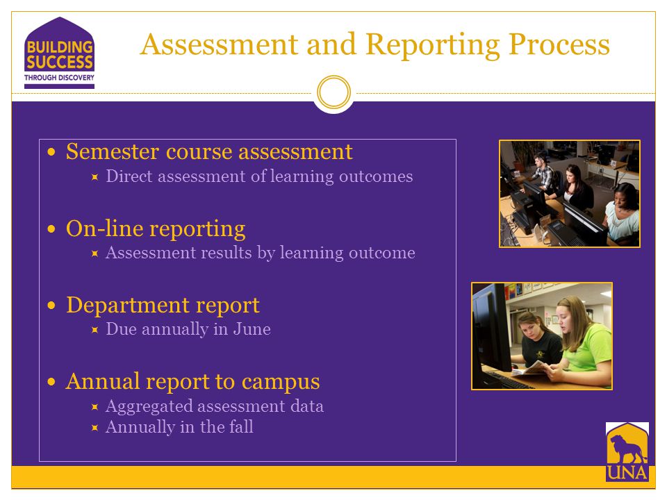 Assessment and Reporting Process Semester course assessment  Direct assessment of learning outcomes On-line reporting  Assessment results by learning outcome Department report  Due annually in June Annual report to campus  Aggregated assessment data  Annually in the fall