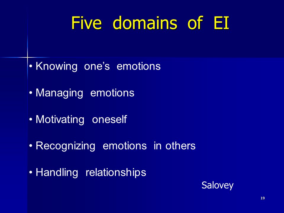 19 Five domains of EI Knowing one’s emotions Managing emotions Motivating oneself Recognizing emotions in others Handling relationships Salovey