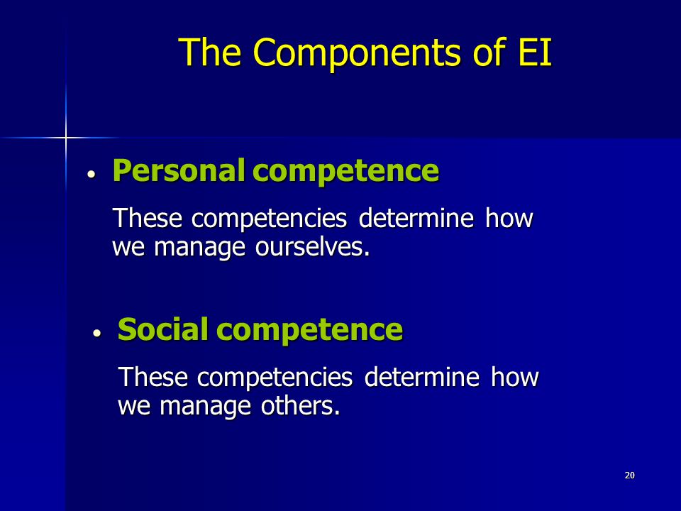 20 The Components of EI Personal competence Personal competence These competencies determine how we manage ourselves.