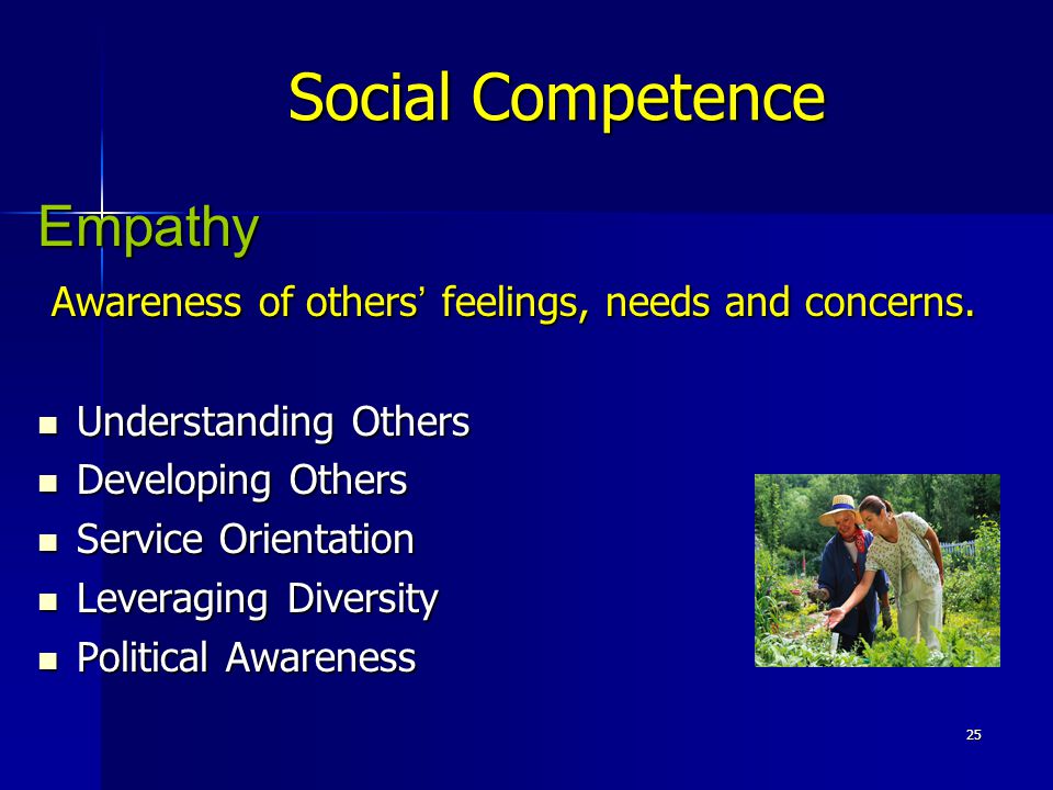 25 Social Competence Empathy Awareness of others ’ feelings, needs and concerns.