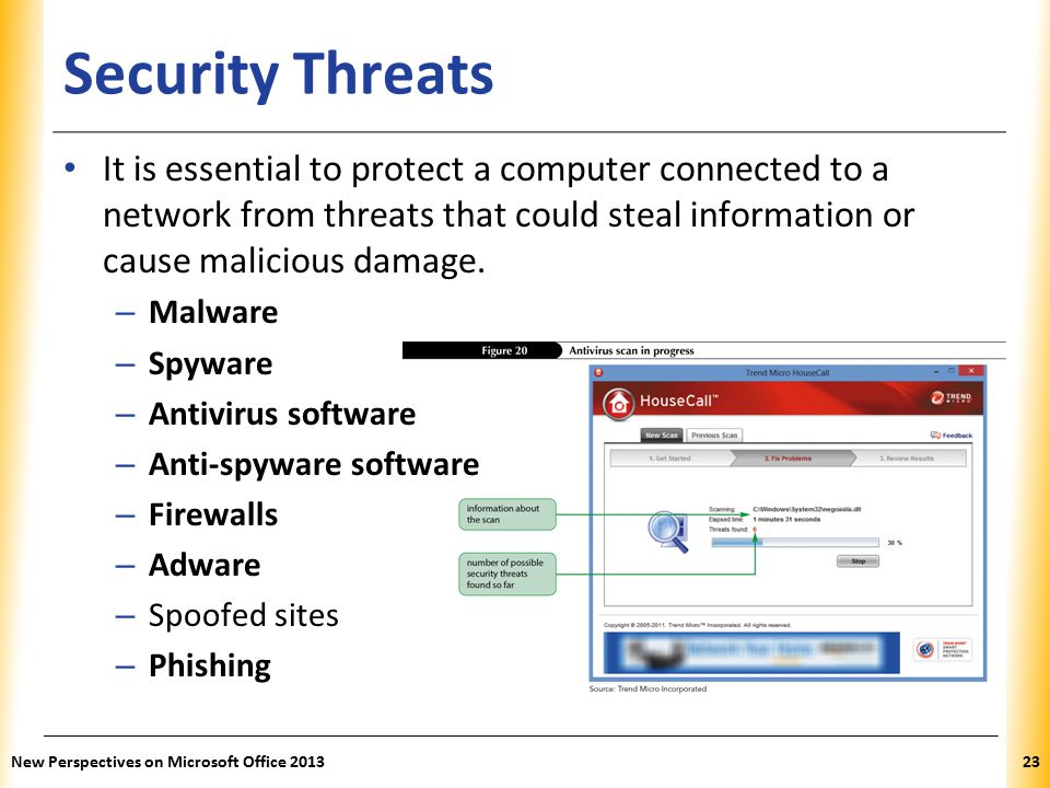 XP Security Threats It is essential to protect a computer connected to a network from threats that could steal information or cause malicious damage.