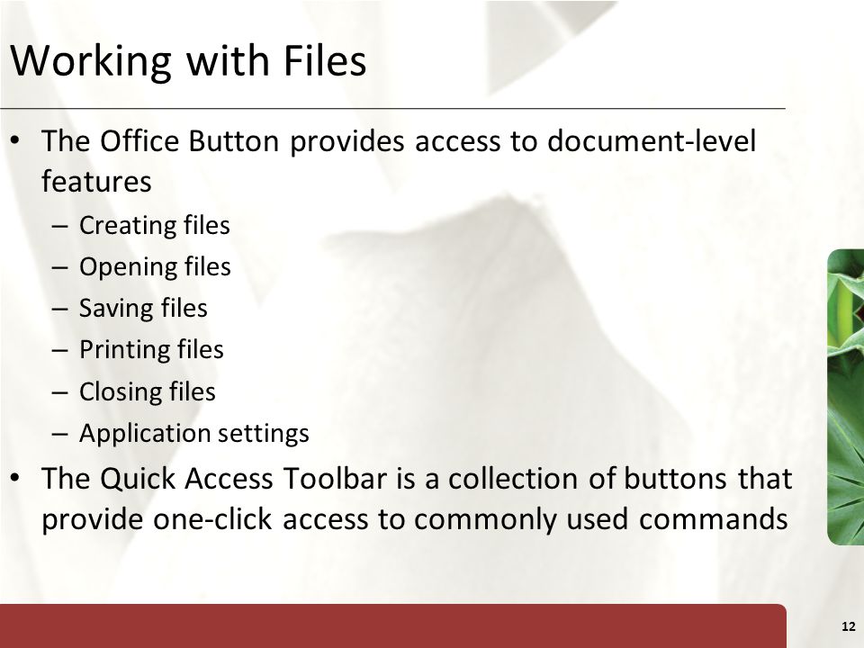 XP 12 Working with Files The Office Button provides access to document-level features – Creating files – Opening files – Saving files – Printing files – Closing files – Application settings The Quick Access Toolbar is a collection of buttons that provide one-click access to commonly used commands
