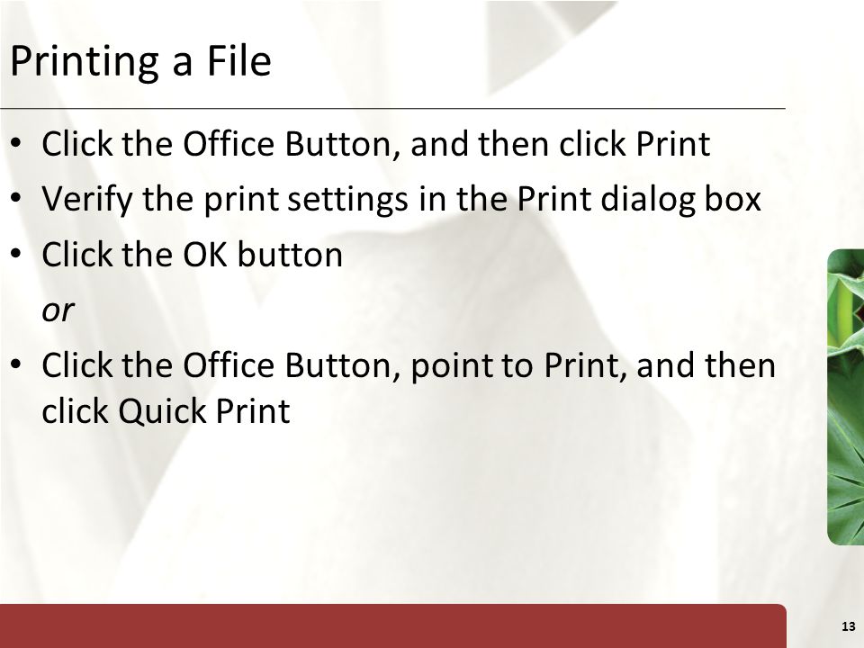 XP 13 Printing a File Click the Office Button, and then click Print Verify the print settings in the Print dialog box Click the OK button or Click the Office Button, point to Print, and then click Quick Print