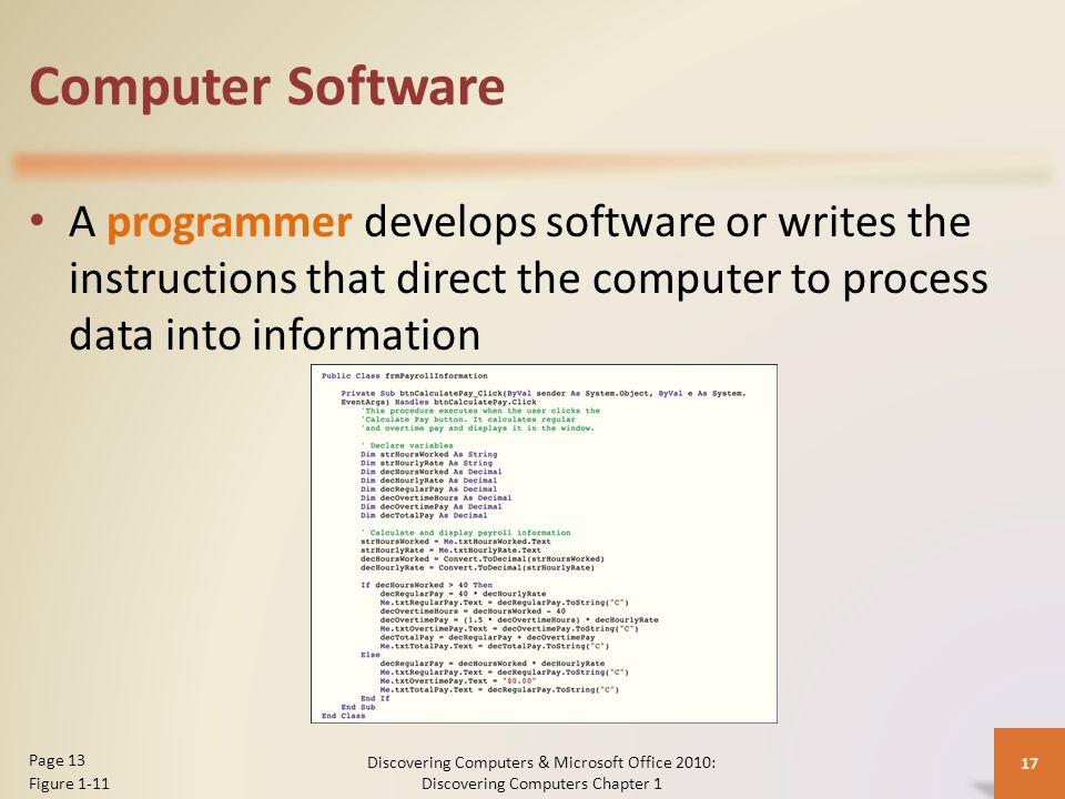 Computer Software A programmer develops software or writes the instructions that direct the computer to process data into information Discovering Computers & Microsoft Office 2010: Discovering Computers Chapter 1 17 Page 13 Figure 1-11