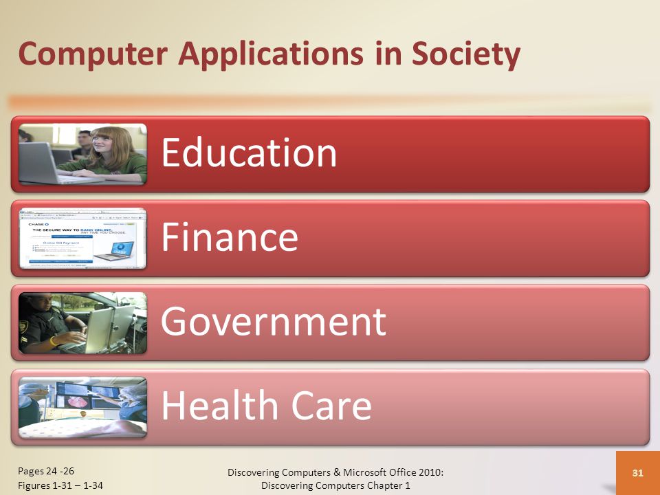 Computer Applications in Society Education Finance Government Health Care Discovering Computers & Microsoft Office 2010: Discovering Computers Chapter 1 31 Pages Figures 1-31 – 1-34