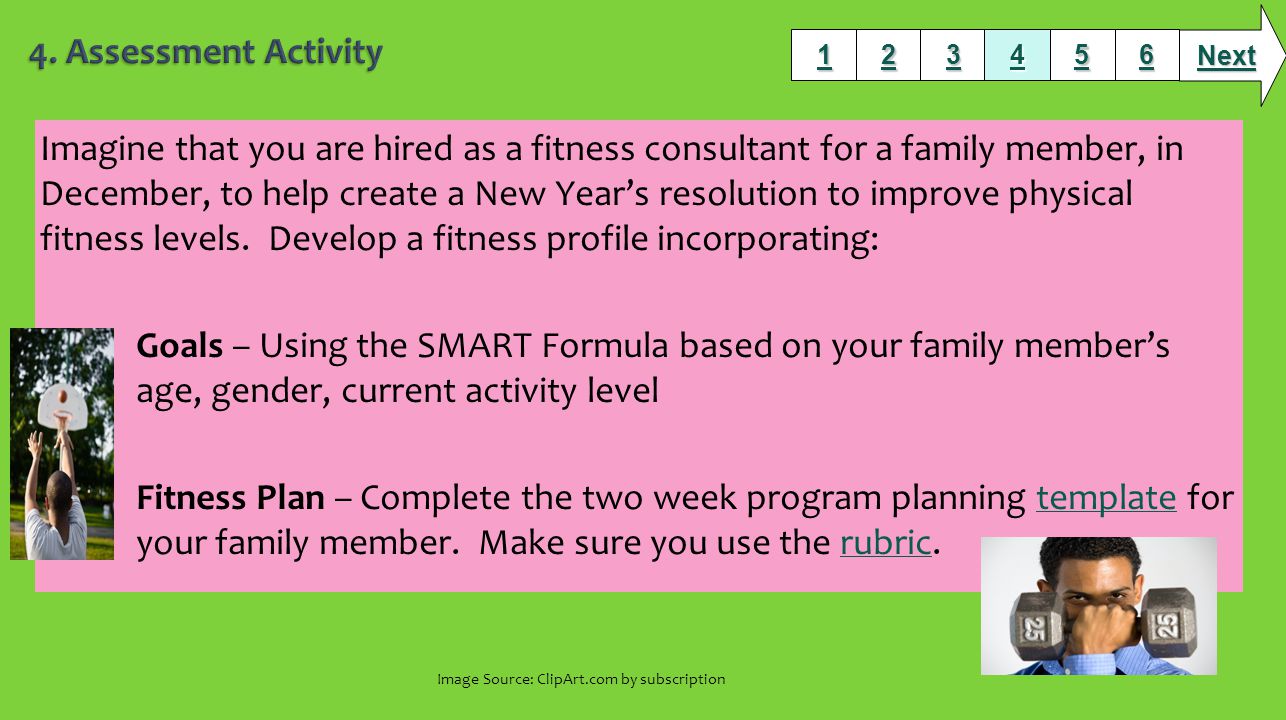 Next Image Source: ClipArt.com by subscription Imagine that you are hired as a fitness consultant for a family member, in December, to help create a New Year’s resolution to improve physical fitness levels.