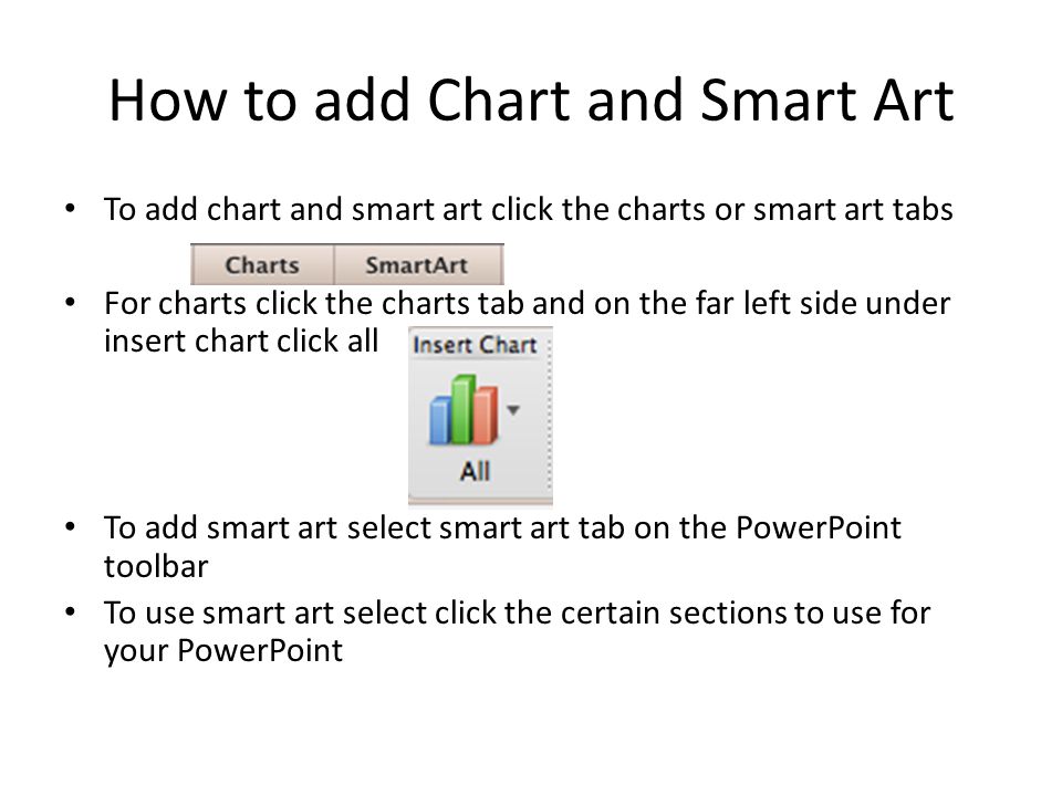 How to add Chart and Smart Art To add chart and smart art click the charts or smart art tabs For charts click the charts tab and on the far left side under insert chart click all To add smart art select smart art tab on the PowerPoint toolbar To use smart art select click the certain sections to use for your PowerPoint