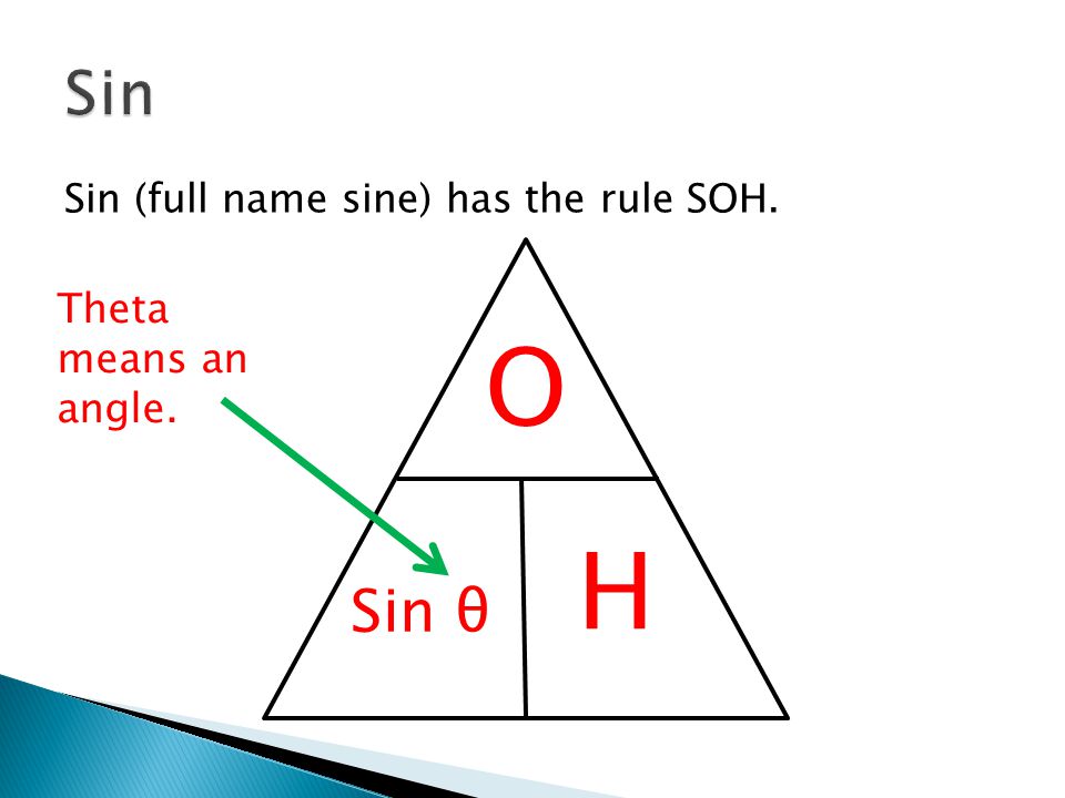 Sin (full name sine) has the rule SOH. O H Sin θ Theta means an angle.