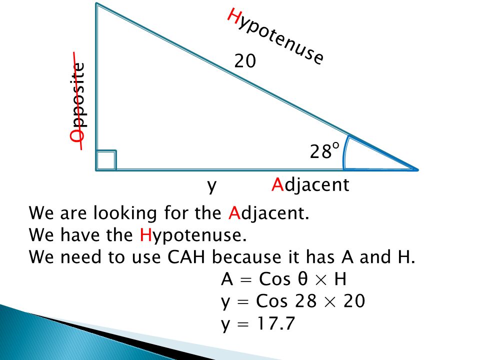 We are looking for the Adjacent. We have the Hypotenuse.