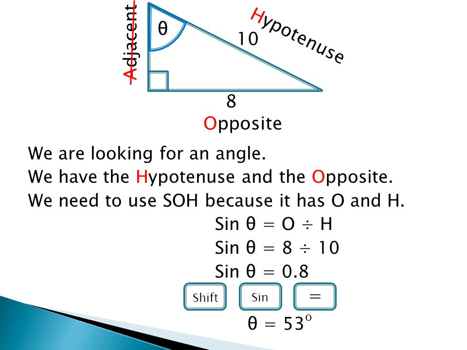 We are looking for an angle. We have the Hypotenuse and the Opposite.