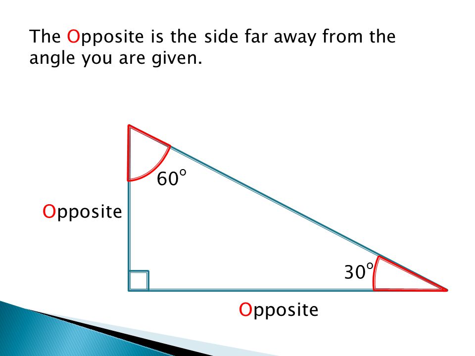 The Opposite is the side far away from the angle you are given. 60 o Opposite 30 o