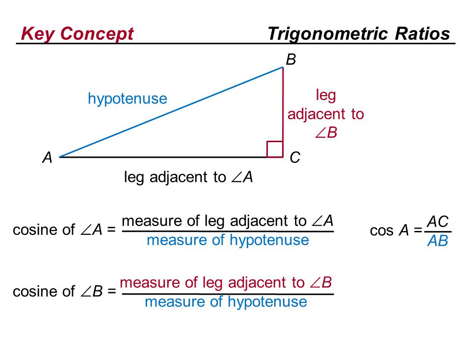 Key ConceptTrigonometric Ratios cosine of  A = measure of leg adjacent to  A measure of hypotenuse hypotenuse leg adjacent to  B leg adjacent to  A A B C cos A = AC AB cosine of  B = measure of leg adjacent to  B measure of hypotenuse