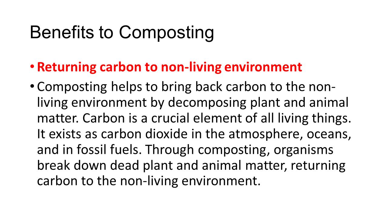 Benefits to Composting Returning carbon to non-living environment Composting helps to bring back carbon to the non- living environment by decomposing plant and animal matter.