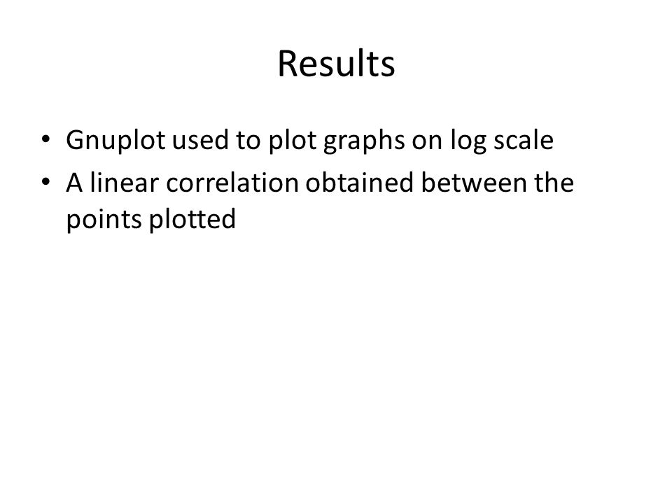 Results Gnuplot used to plot graphs on log scale A linear correlation obtained between the points plotted