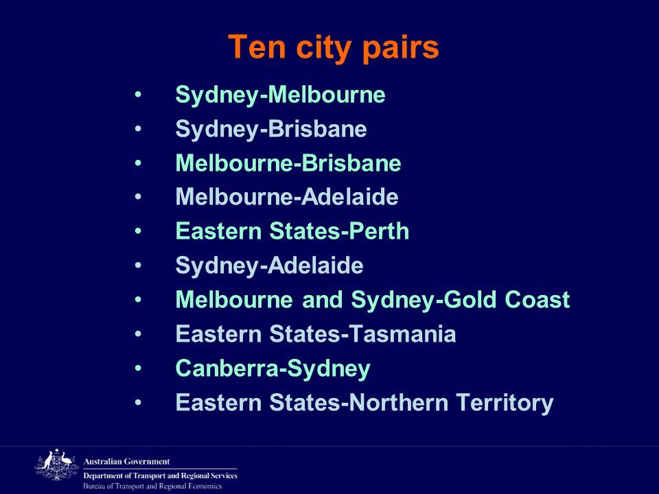Ten city pairs Sydney-Melbourne Sydney-Brisbane Melbourne-Brisbane Melbourne-Adelaide Eastern States-Perth Sydney-Adelaide Melbourne and Sydney-Gold Coast Eastern States-Tasmania Canberra-Sydney Eastern States-Northern Territory