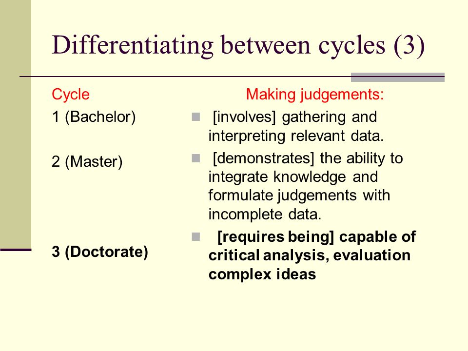 Differentiating between cycles (3) Cycle 1 (Bachelor) 2 (Master) 3 (Doctorate) Making judgements: [involves] gathering and interpreting relevant data.