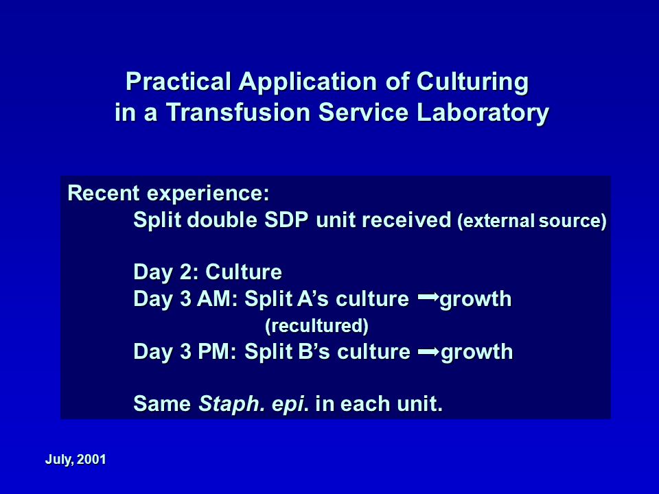 Practical Application of Culturing in a Transfusion Service Laboratory Recent experience: Split double SDP unit received (external source) Day 2: Culture Day 3 AM: Split A’s culture growth (recultured) Day 3 PM: Split B’s culture growth Same Staph.