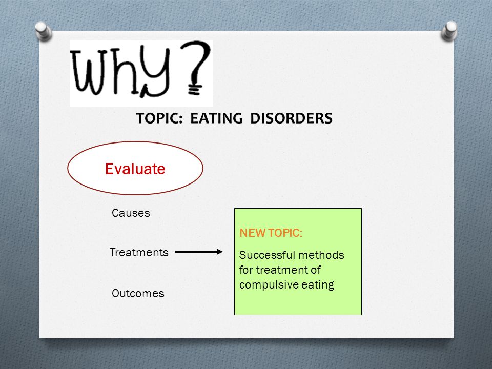 TOPIC: EATING DISORDERS Evaluate Causes Treatments Outcomes NEW TOPIC: Successful methods for treatment of compulsive eating