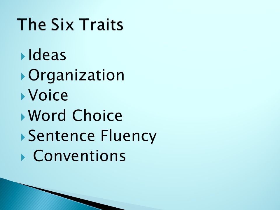  Ideas  Organization  Voice  Word Choice  Sentence Fluency  Conventions