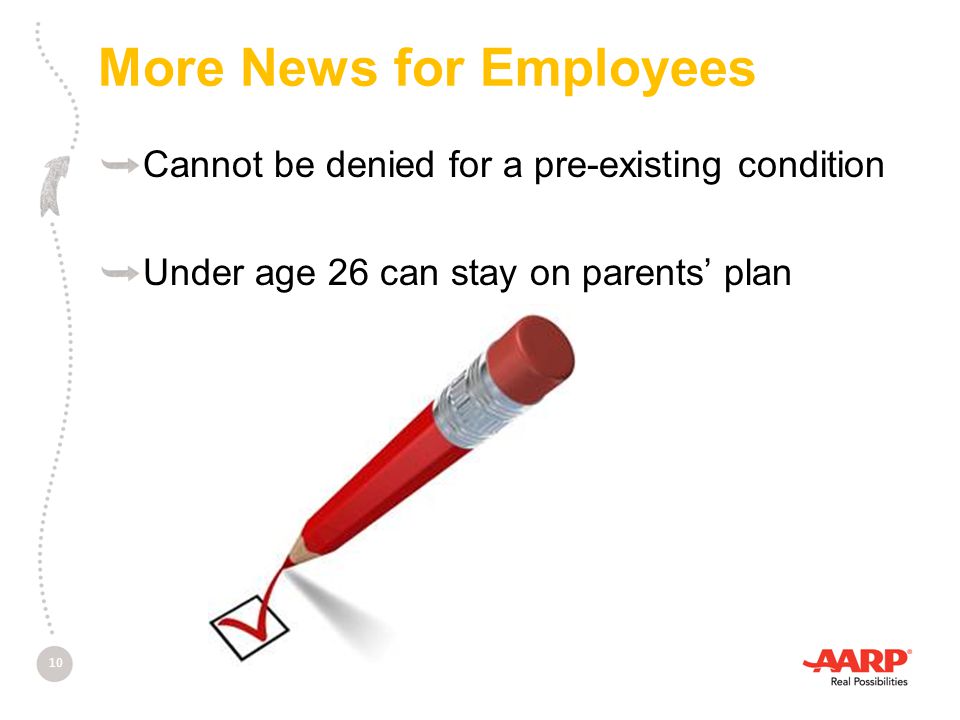 More News for Employees Cannot be denied for a pre-existing condition Under age 26 can stay on parents’ plan 10