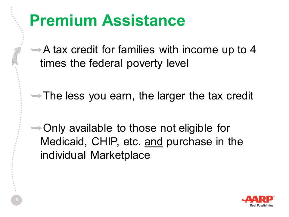 Premium Assistance A tax credit for families with income up to 4 times the federal poverty level The less you earn, the larger the tax credit Only available to those not eligible for Medicaid, CHIP, etc.