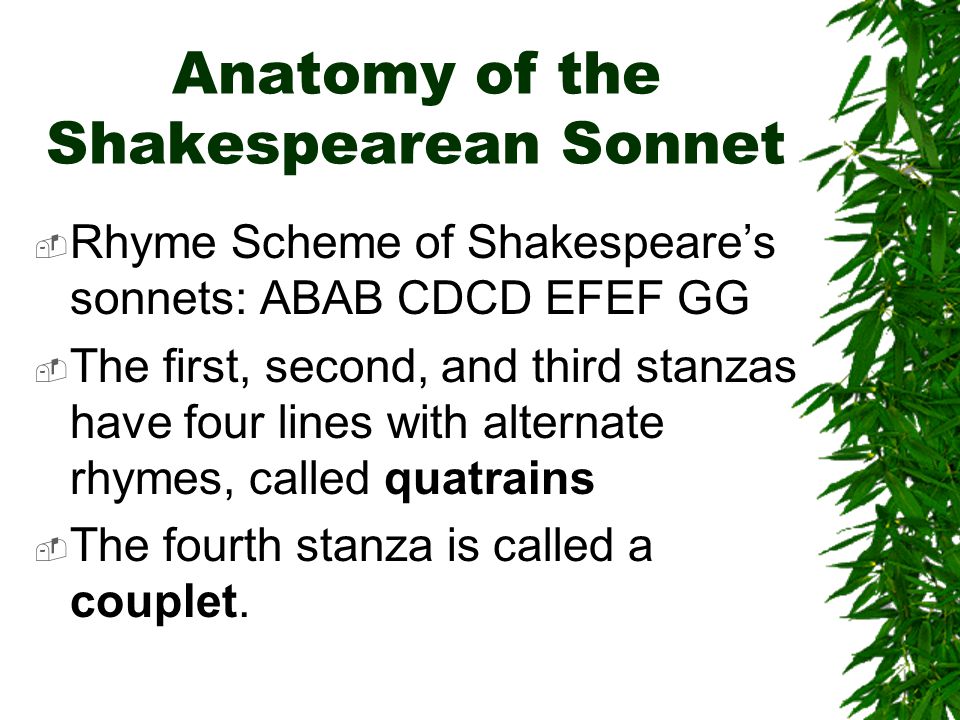 Anatomy of the Shakespearean Sonnet  Rhyme Scheme of Shakespeare’s sonnets: ABAB CDCD EFEF GG  The first, second, and third stanzas have four lines with alternate rhymes, called quatrains  The fourth stanza is called a couplet.
