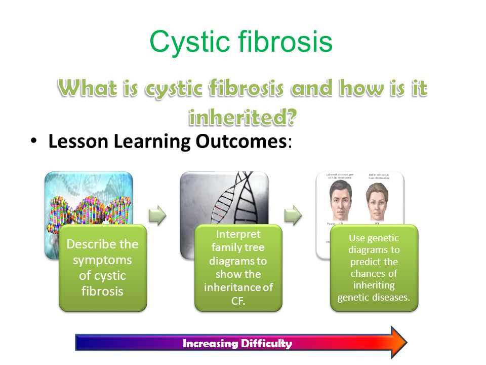 Cystic fibrosis Lesson Learning Outcomes: Increasing Difficulty Describe the symptoms of cystic fibrosis Interpret family tree diagrams to show the inheritance of CF.