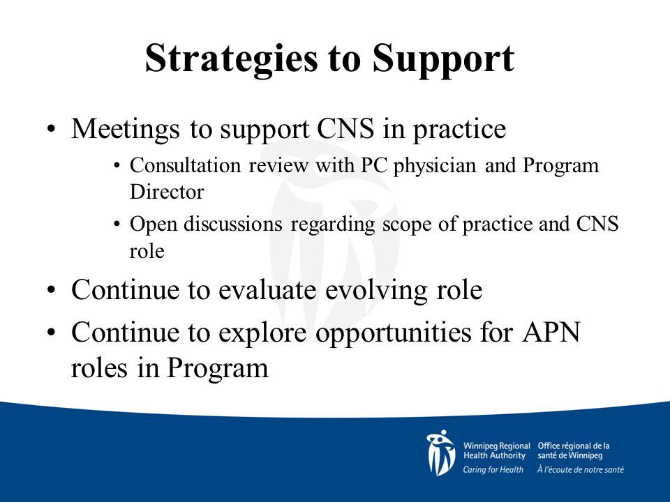 Strategies to Support Meetings to support CNS in practice Consultation review with PC physician and Program Director Open discussions regarding scope of practice and CNS role Continue to evaluate evolving role Continue to explore opportunities for APN roles in Program