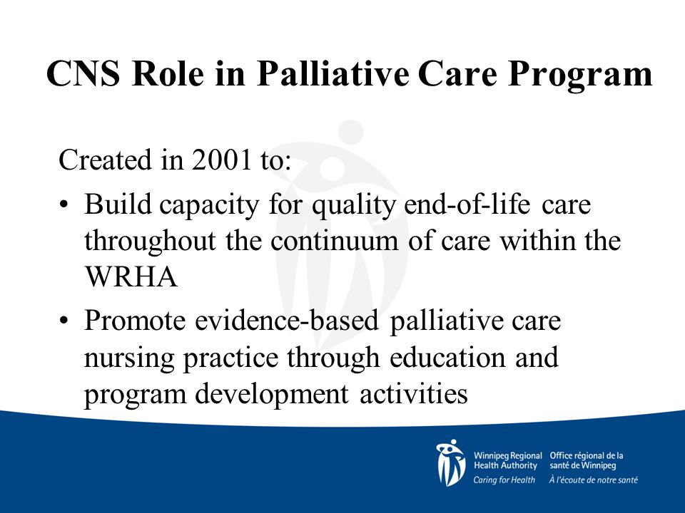 CNS Role in Palliative Care Program Created in 2001 to: Build capacity for quality end-of-life care throughout the continuum of care within the WRHA Promote evidence-based palliative care nursing practice through education and program development activities