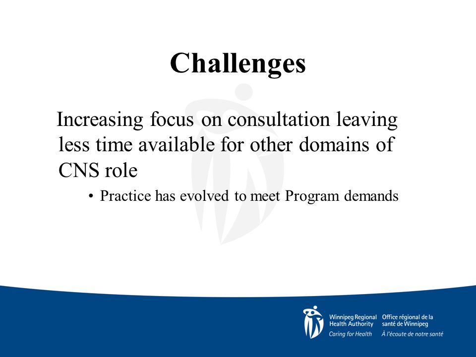 Challenges Increasing focus on consultation leaving less time available for other domains of CNS role Practice has evolved to meet Program demands