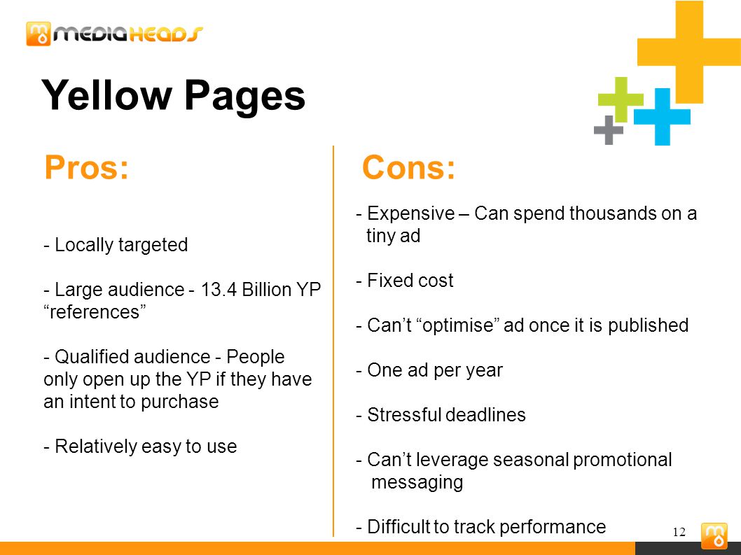 12 Yellow Pages - Locally targeted - Large audience Billion YP references - Qualified audience - People only open up the YP if they have an intent to purchase - Relatively easy to use Pros:Cons: - Expensive – Can spend thousands on a tiny ad - Fixed cost - Can’t optimise ad once it is published - One ad per year - Stressful deadlines - Can’t leverage seasonal promotional messaging - Difficult to track performance