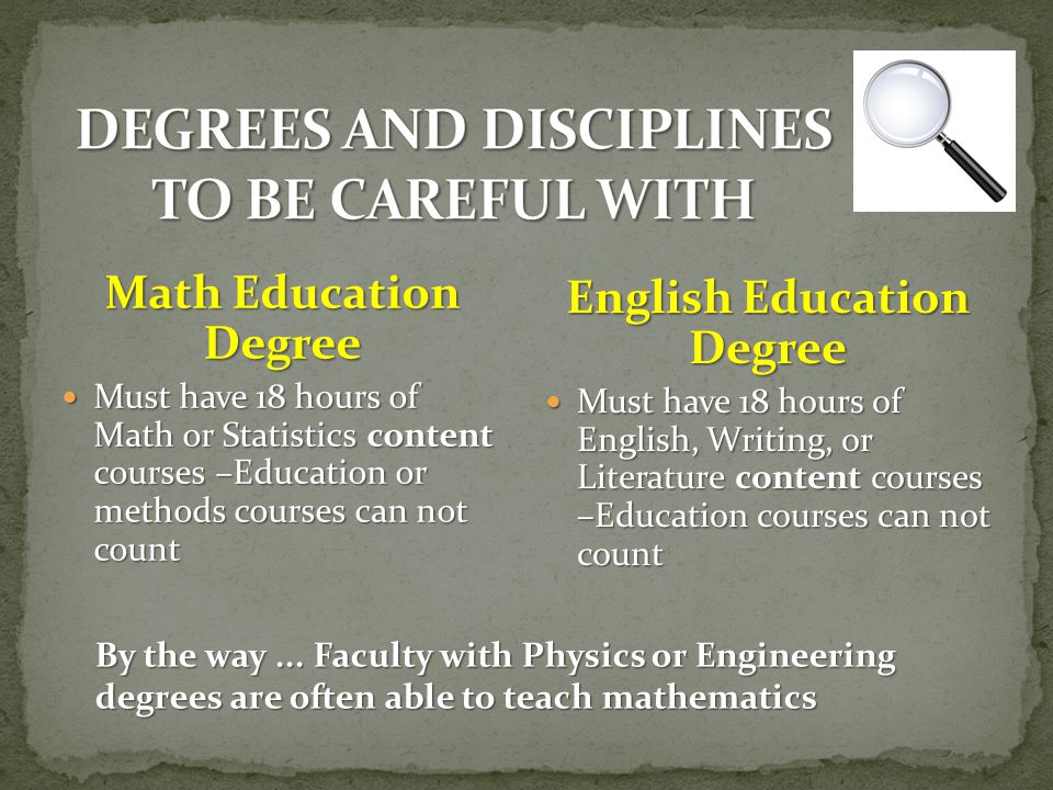 Math Education Degree Must have 18 hours of Math or Statistics content courses –Education or methods courses can not count Must have 18 hours of Math or Statistics content courses –Education or methods courses can not count English Education Degree Must have 18 hours of English, Writing, or Literature content courses –Education courses can not count Must have 18 hours of English, Writing, or Literature content courses –Education courses can not count By the way...