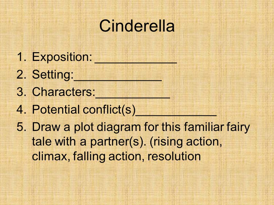 Cinderella 1.Exposition: ____________ 2.Setting:_____________ 3.Characters:___________ 4.Potential conflict(s)____________ 5.Draw a plot diagram for this familiar fairy tale with a partner(s).