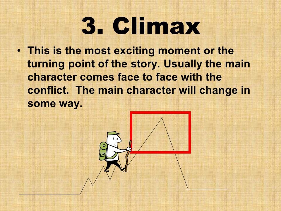 3. Climax This is the most exciting moment or the turning point of the story.