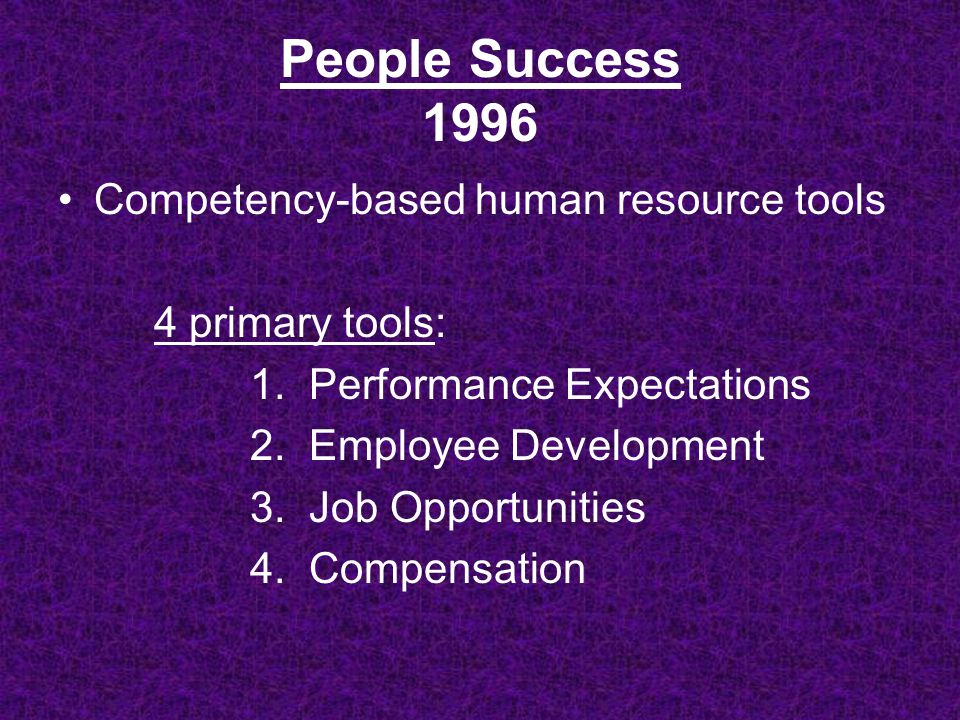 People Success 1996 Competency-based human resource tools 4 primary tools: 1.