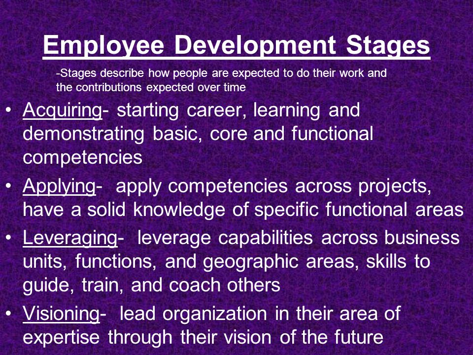 Employee Development Stages Acquiring- starting career, learning and demonstrating basic, core and functional competencies Applying- apply competencies across projects, have a solid knowledge of specific functional areas Leveraging- leverage capabilities across business units, functions, and geographic areas, skills to guide, train, and coach others Visioning- lead organization in their area of expertise through their vision of the future -Stages describe how people are expected to do their work and the contributions expected over time