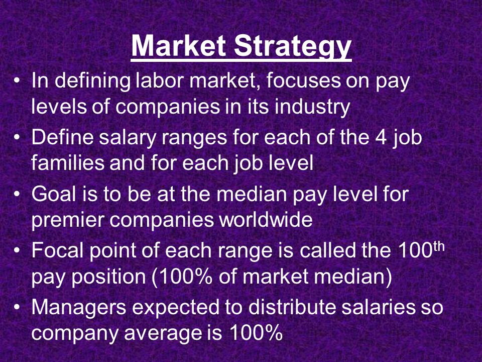 Market Strategy In defining labor market, focuses on pay levels of companies in its industry Define salary ranges for each of the 4 job families and for each job level Goal is to be at the median pay level for premier companies worldwide Focal point of each range is called the 100 th pay position (100% of market median) Managers expected to distribute salaries so company average is 100%