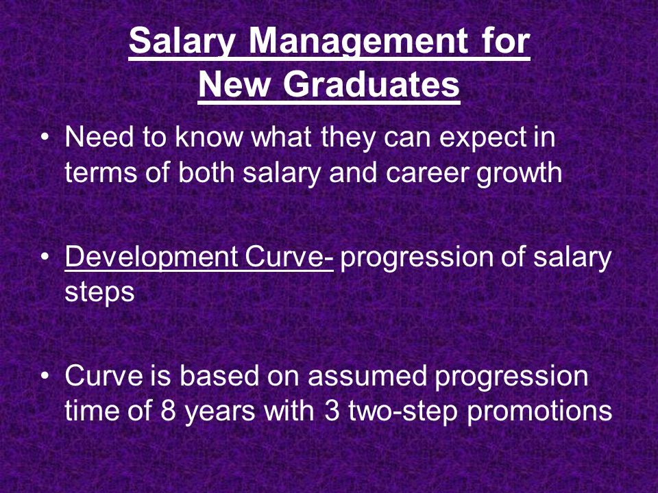 Salary Management for New Graduates Need to know what they can expect in terms of both salary and career growth Development Curve- progression of salary steps Curve is based on assumed progression time of 8 years with 3 two-step promotions