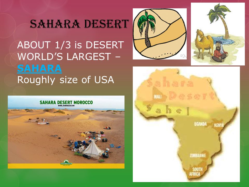 SAHARA DESERT ABOUT 1/3 is DESERT WORLD’S LARGEST – SAHARA Roughly size of USA