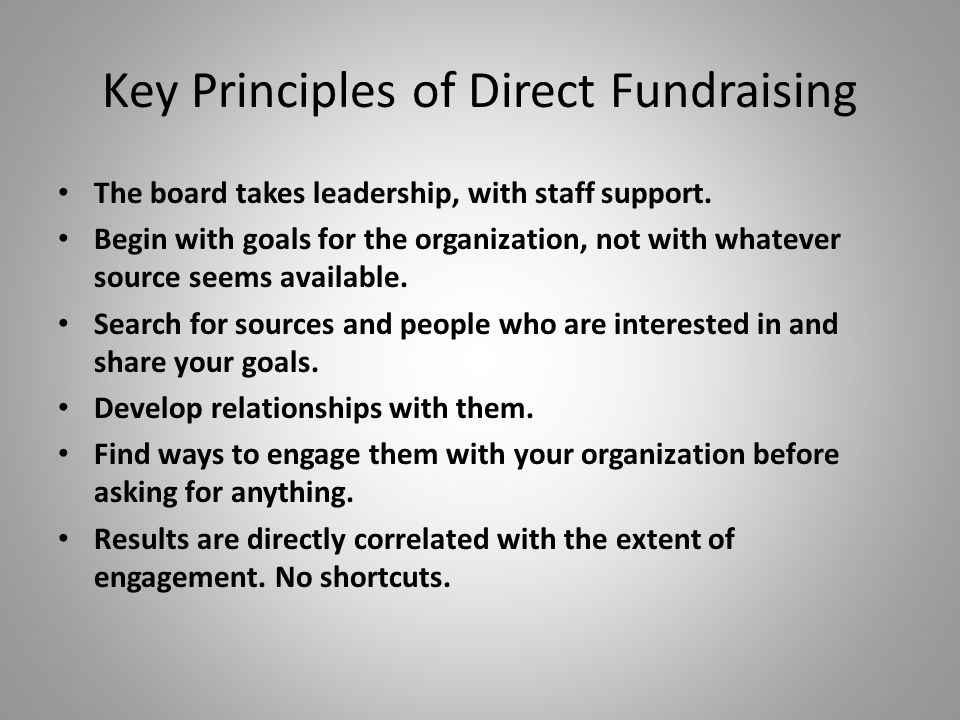 Key Principles of Direct Fundraising The board takes leadership, with staff support.