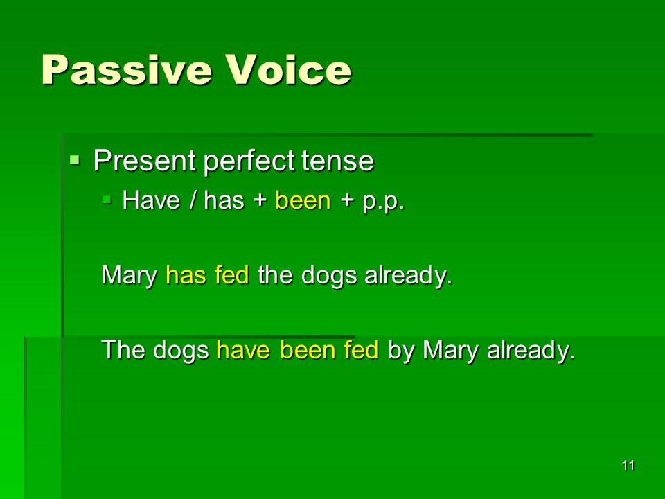 11 Passive Voice  Present perfect tense  Have / has + been + p.p.